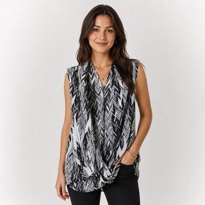 Material Girl Elegant Black White Zig Zag Drapey Wrap Sheer Sleeveless Blouse XL